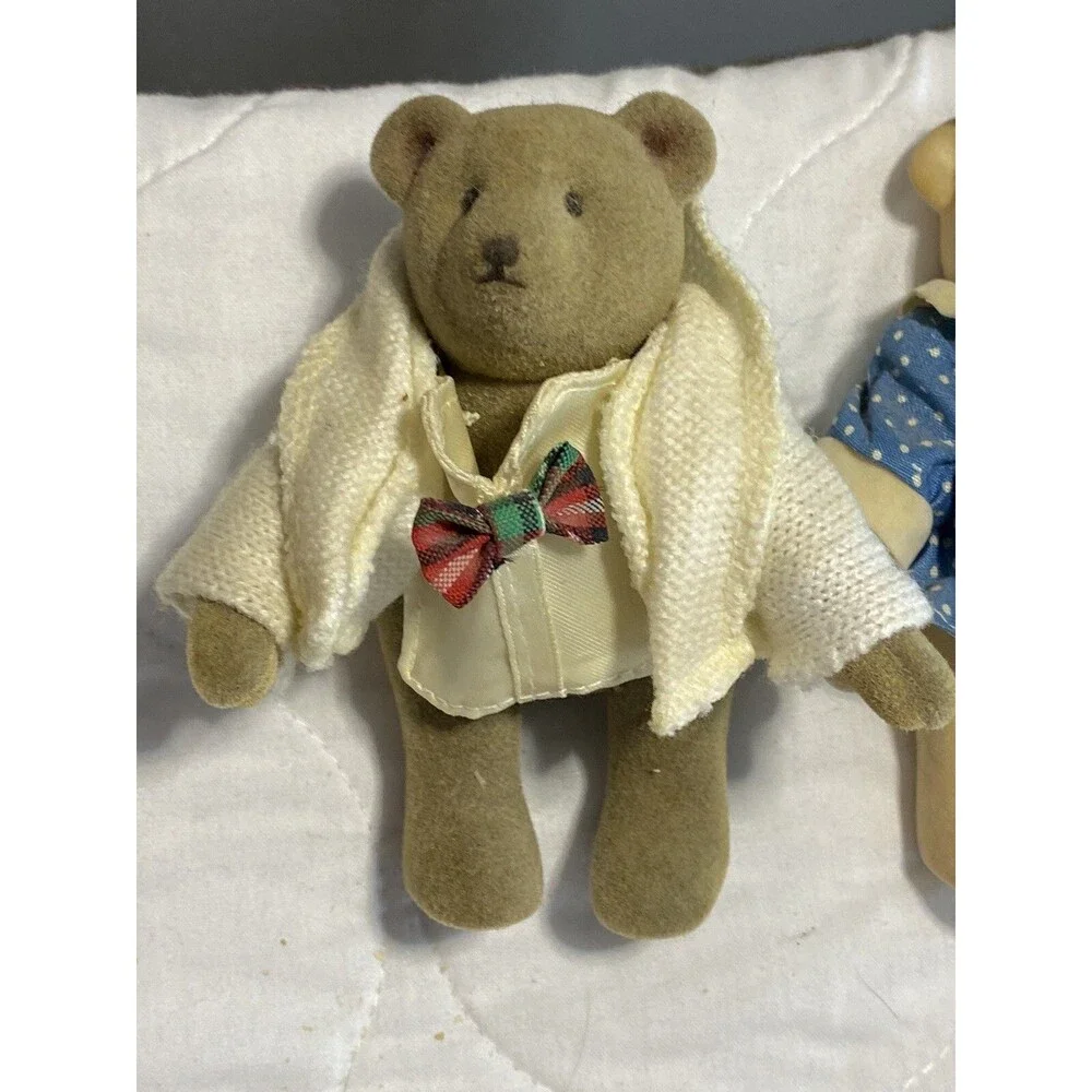 Gund Miniature Jointed Summer Teddy Bear W/ Tux Jacket & Girl Blue Dress HTF